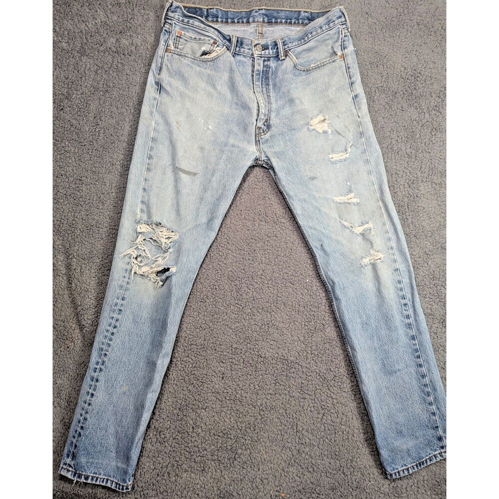 Levis 505 Mens W38 L34 Blue Straight Leg Denim Jeans Distressed Vintage